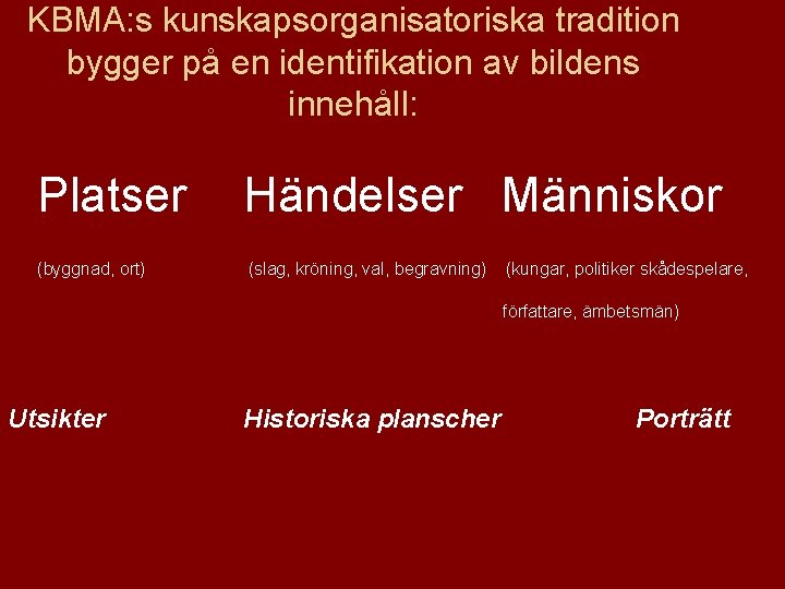 KBMA: s kunskapsorganisatoriska tradition bygger på en identifikation av bildens innehåll: Platser Händelser Människor