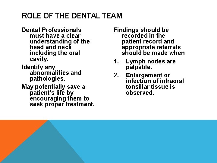 ROLE OF THE DENTAL TEAM Dental Professionals must have a clear understanding of the