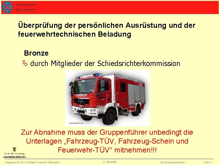 Feuerwehr Ellwangen Überprüfung der persönlichen Ausrüstung und der feuerwehrtechnischen Beladung Bronze durch Mitglieder Schiedsrichterkommission