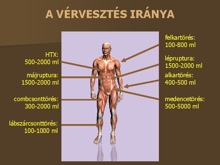 A VÉRVESZTÉS IRÁNYA felkartörés: 100 -800 ml HTX: 500 -2000 ml májruptura: 1500 -2000