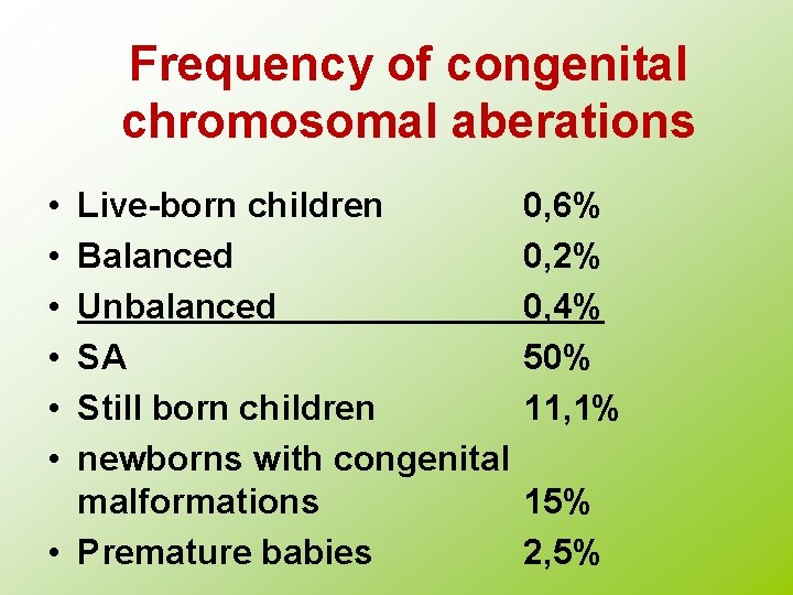 Frequency of congenital chromosomal aberations • • • Live-born children Balanced Unbalanced SA Still