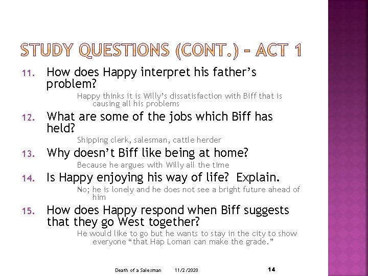 11. How does Happy interpret his father’s problem? Happy thinks it is Willy’s dissatisfaction