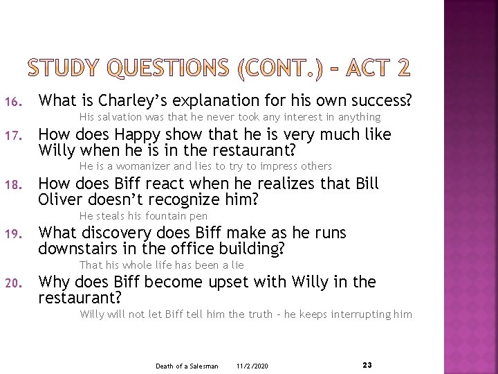 16. What is Charley’s explanation for his own success? His salvation was that he