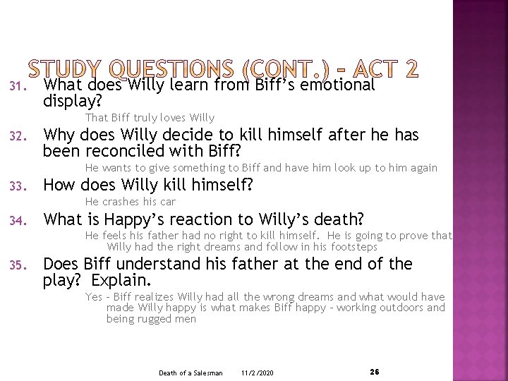 31. What does Willy learn from Biff’s emotional display? That Biff truly loves Willy