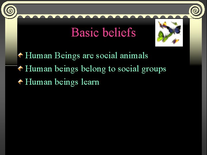 Basic beliefs Human Beings are social animals Human beings belong to social groups Human
