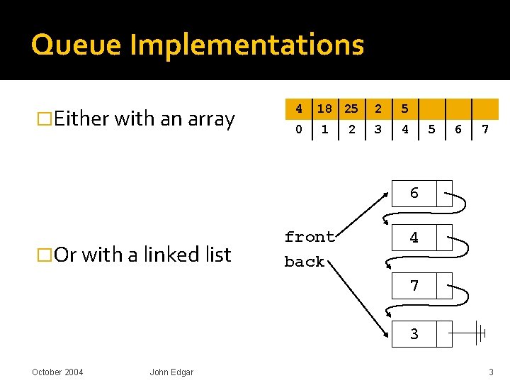 Queue Implementations �Either with an array 4 0 18 25 1 2 2 5