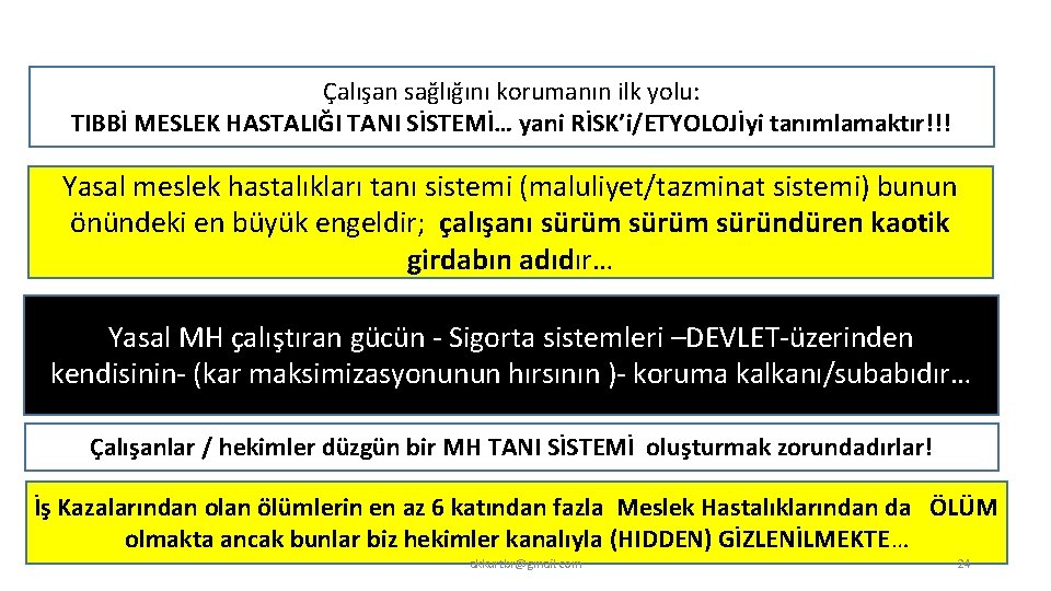 Çalışan sağlığını korumanın ilk yolu: TIBBİ MESLEK HASTALIĞI TANI SİSTEMİ… yani RİSK’i/ETYOLOJİyi tanımlamaktır!!! Yasal