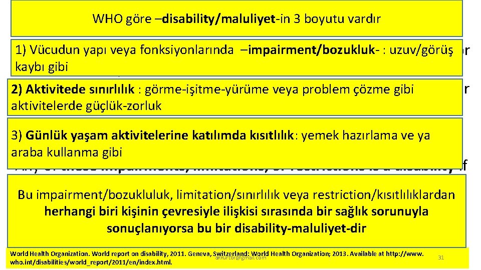 According to. WHO the göre World Health Organization, disability has three –disability/maluliyet-in 3 boyutu