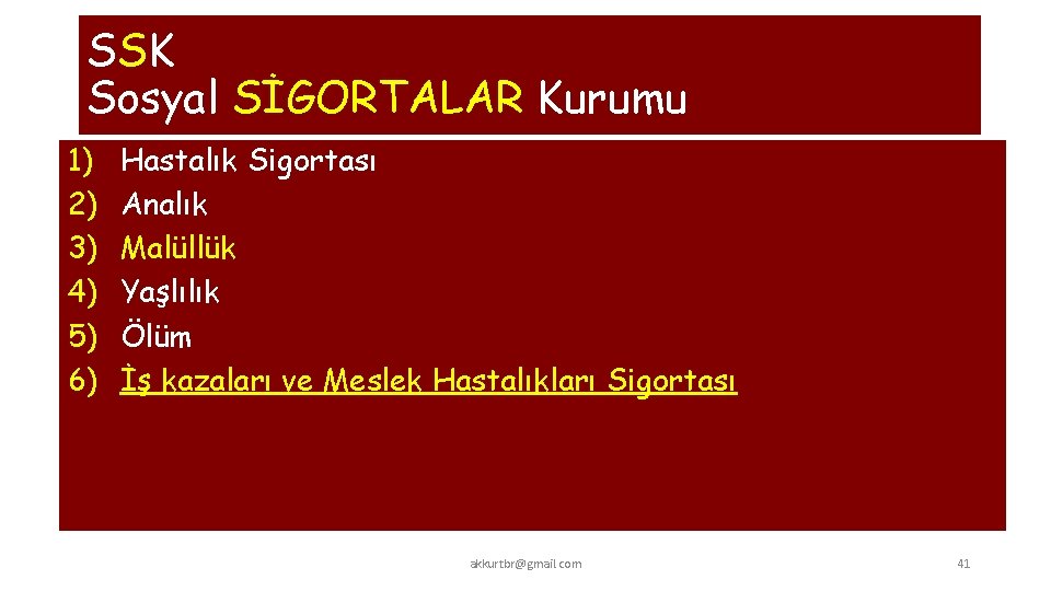 SSK Sosyal SİGORTALAR Kurumu 1) 2) 3) 4) 5) 6) Hastalık Sigortası Analık Malüllük