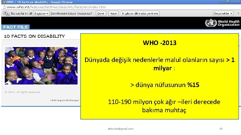 WHO -2013 Dünyada değişik nedenlerle malul olanların sayısı > 1 milyar : > dünya