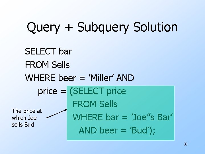 Query + Subquery Solution SELECT bar FROM Sells WHERE beer = ’Miller’ AND price