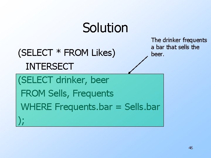 Solution The drinker frequents a bar that sells the beer. (SELECT * FROM Likes)