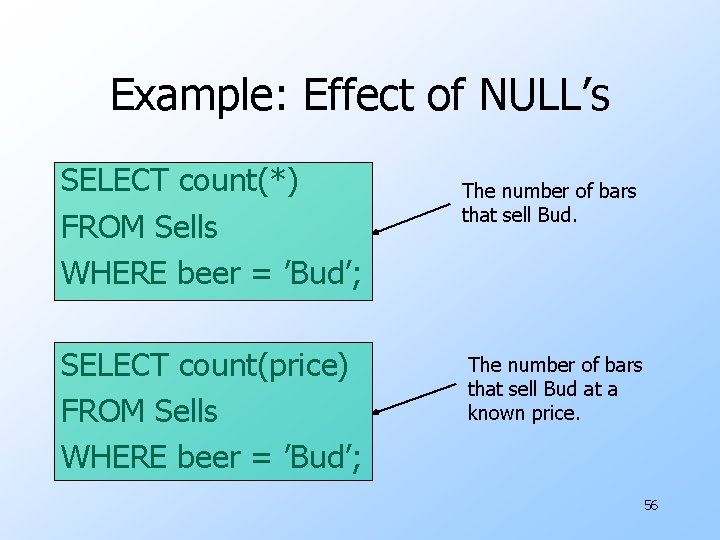 Example: Effect of NULL’s SELECT count(*) FROM Sells WHERE beer = ’Bud’; SELECT count(price)