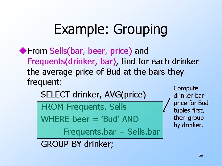 Example: Grouping u. From Sells(bar, beer, price) and Frequents(drinker, bar), find for each drinker