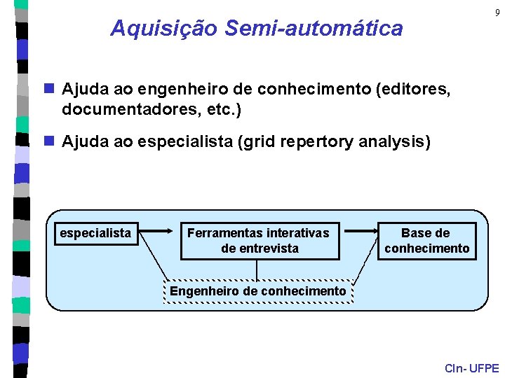 9 Aquisição Semi-automática n Ajuda ao engenheiro de conhecimento (editores, documentadores, etc. ) n