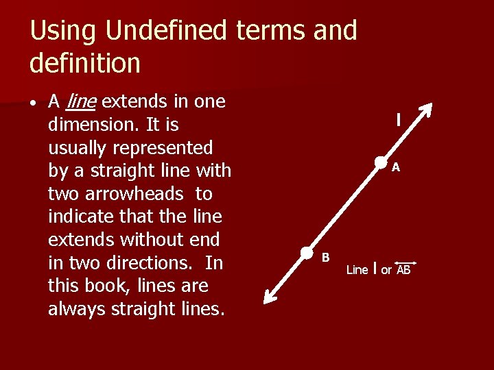 Using Undefined terms and definition • A line extends in one dimension. It is