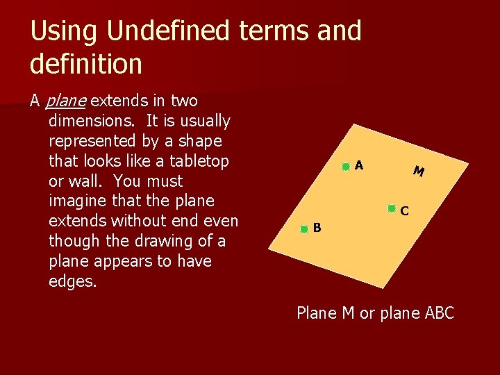 Using Undefined terms and definition A plane extends in two dimensions. It is usually