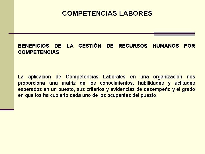 COMPETENCIAS LABORES BENEFICIOS DE LA GESTIÓN DE RECURSOS HUMANOS POR COMPETENCIAS La aplicación de