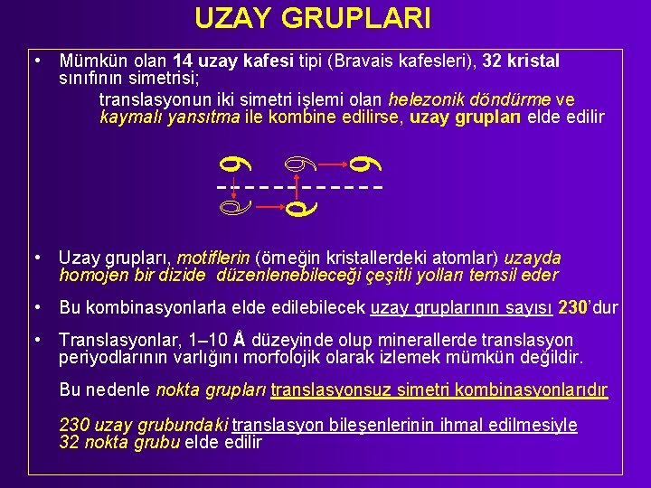 UZAY GRUPLARI • Mümkün olan 14 uzay kafesi tipi (Bravais kafesleri), 32 kristal sınıfının