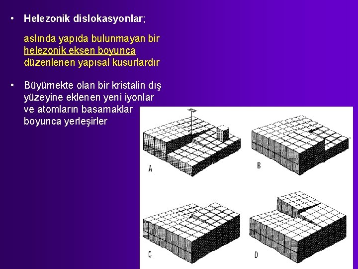  • Helezonik dislokasyonlar; aslında yapıda bulunmayan bir helezonik eksen boyunca düzenlenen yapısal kusurlardır