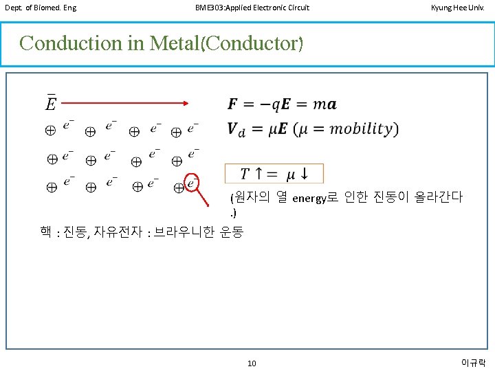 Dept. of Biomed. Eng. BME 303: Applied Electronic Circuit Kyung Hee Univ. Conduction in