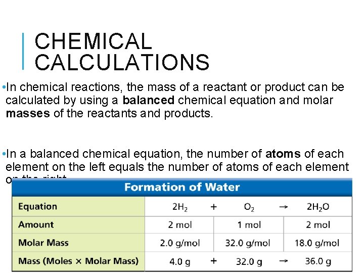 CHEMICAL CALCULATIONS • In chemical reactions, the mass of a reactant or product can