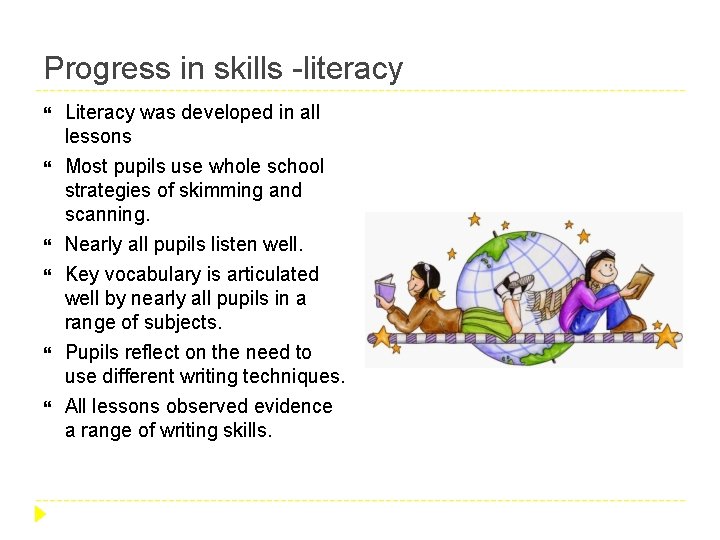 Progress in skills -literacy Literacy was developed in all lessons Most pupils use whole