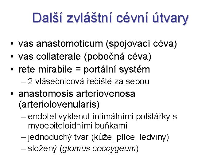 Další zvláštní cévní útvary • vas anastomoticum (spojovací céva) • vas collaterale (pobočná céva)