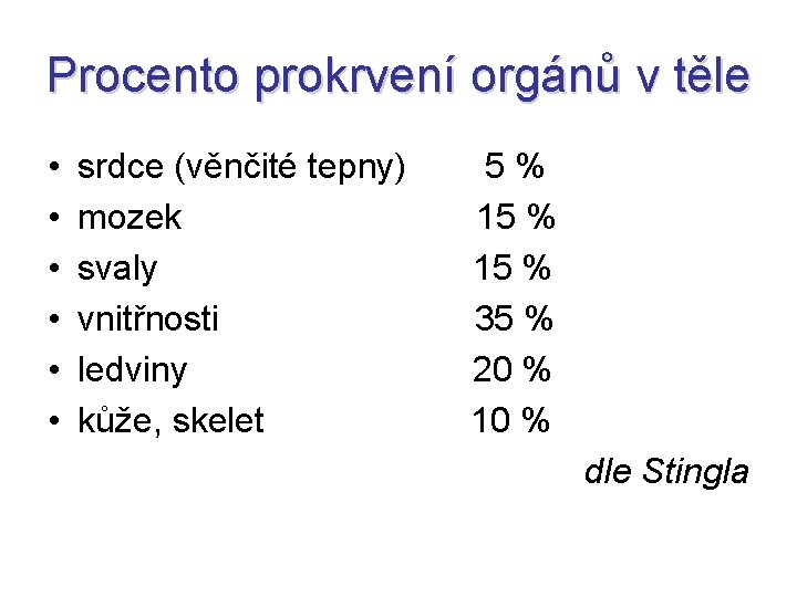 Procento prokrvení orgánů v těle • • • srdce (věnčité tepny) mozek svaly vnitřnosti