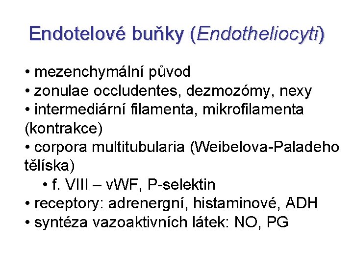 Endotelové buňky (Endotheliocyti) • mezenchymální původ • zonulae occludentes, dezmozómy, nexy • intermediární filamenta,