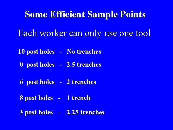 Some Efficient Sample Points Each worker can only use one tool 10 post holes