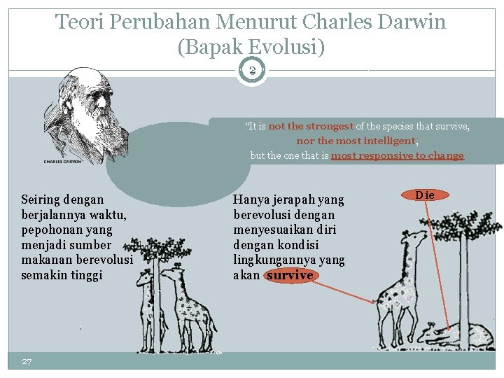 Teori Perubahan Menurut Charles Darwin (Bapak Evolusi) 23 “It is not the strongest of