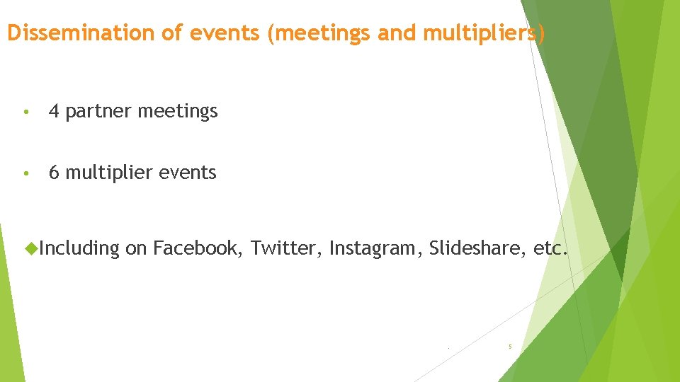 Dissemination of events (meetings and multipliers) • 4 partner meetings • 6 multiplier events