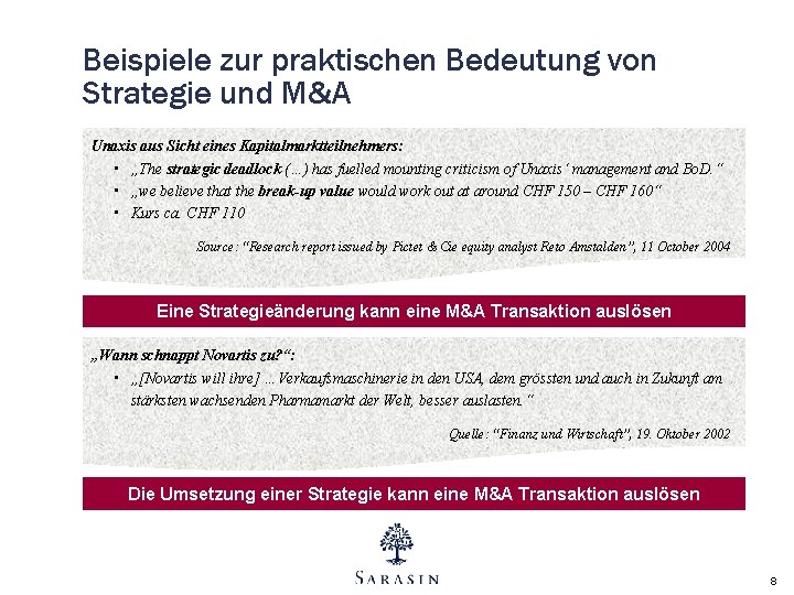 Beispiele zur praktischen Bedeutung von Strategie und M&A Unaxis aus Sicht eines Kapitalmarktteilnehmers: •