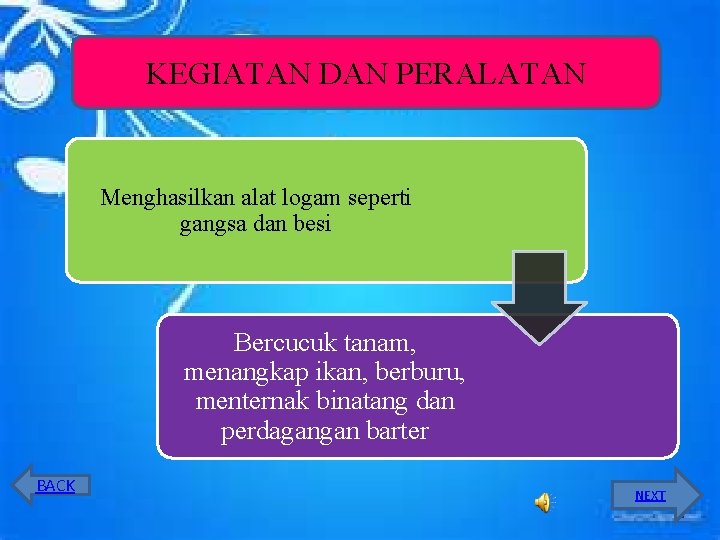 KEGIATAN DAN PERALATAN Menghasilkan alat logam seperti gangsa dan besi Bercucuk tanam, menangkap ikan,