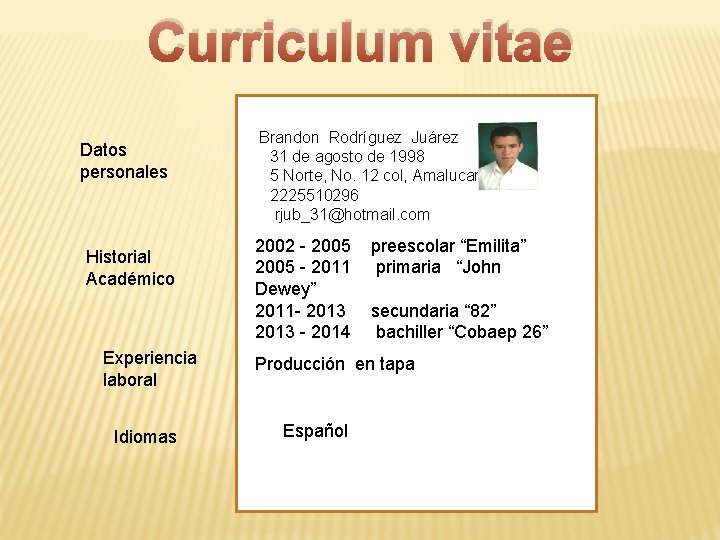 Curriculum vitae Brandon Rodríguez Juárez Datos 31 de agosto de 1998 personales 5 Norte,