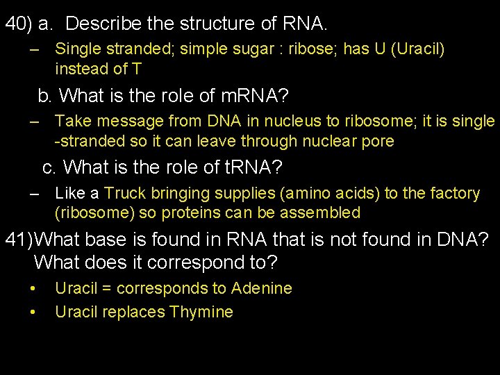 40) a. Describe the structure of RNA. – Single stranded; simple sugar : ribose;