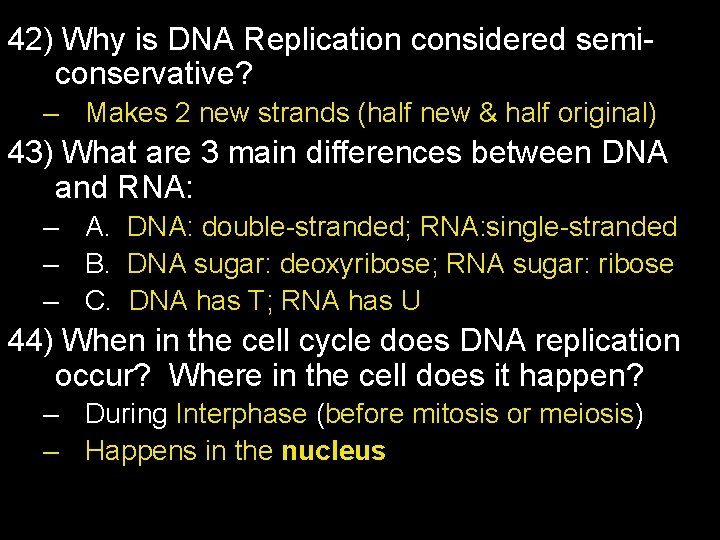 42) Why is DNA Replication considered semiconservative? – Makes 2 new strands (half new