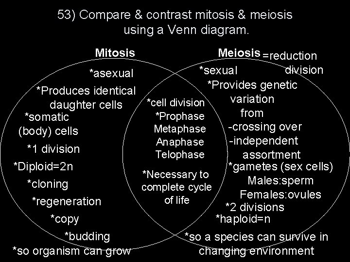 53) Compare & contrast mitosis & meiosis using a Venn diagram. Mitosis Meiosis =reduction