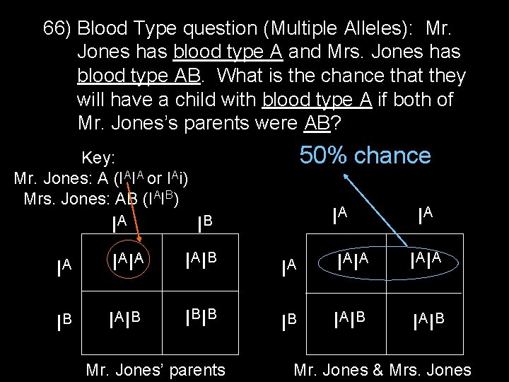 66) Blood Type question (Multiple Alleles): Mr. Jones has blood type A and Mrs.