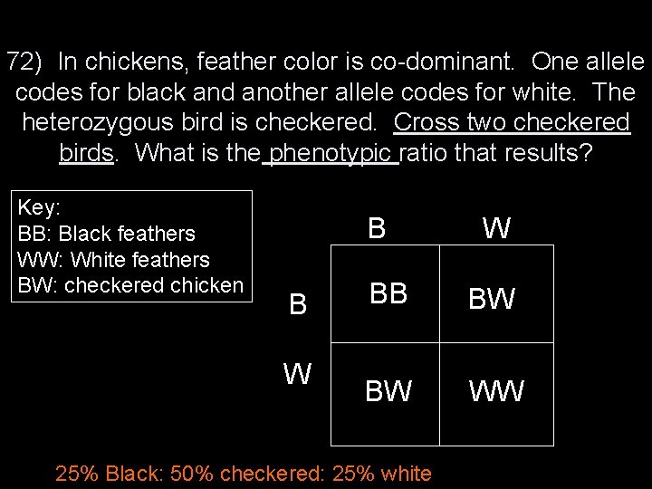 72) In chickens, feather color is co-dominant. One allele codes for black and another