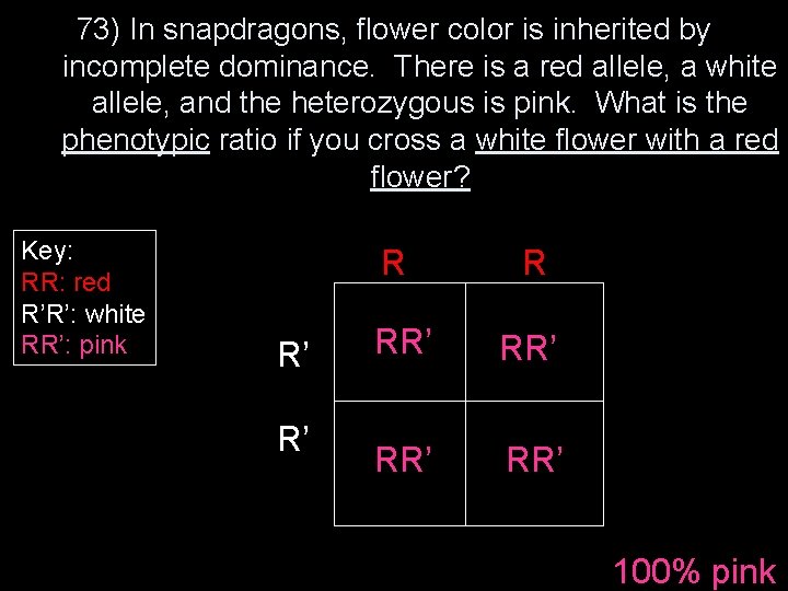 73) In snapdragons, flower color is inherited by incomplete dominance. There is a red