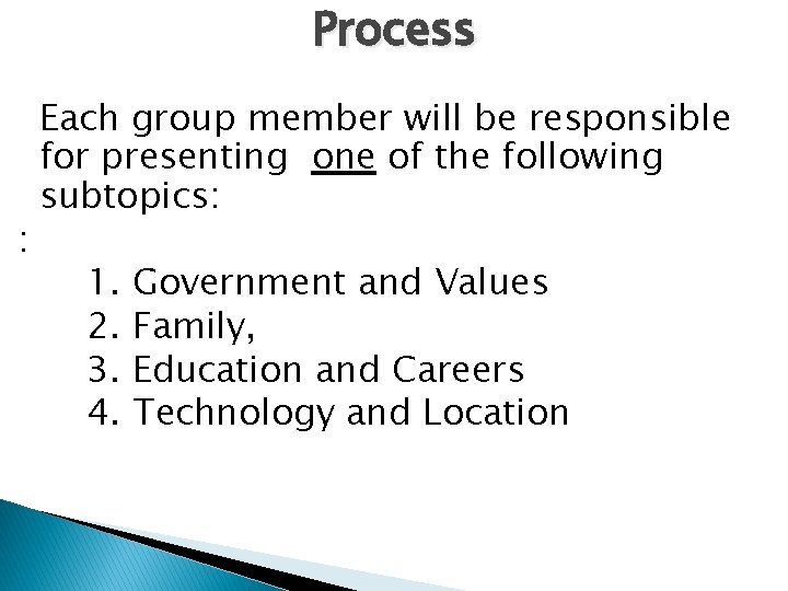 Process Each group member will be responsible for presenting one of the following subtopics: