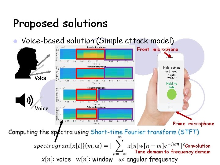 Proposed solutions Voice-based solution (Simple attack model) Front microphone Voice Hold button and read