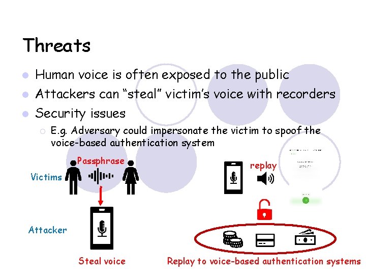 Threats Human voice is often exposed to the public Attackers can “steal” victim’s voice