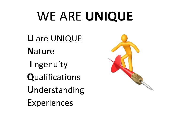 WE ARE UNIQUE U are UNIQUE Nature I ngenuity Qualifications Understanding Experiences 