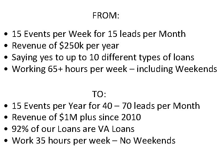 FROM: • • 15 Events per Week for 15 leads per Month Revenue of