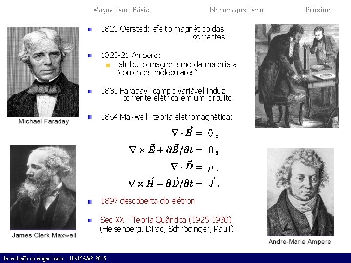 Histórico Magnetismo Básico Nanomagnetismo 1820 Oersted: efeito magnético das correntes 1820 -21 Ampère: atribui