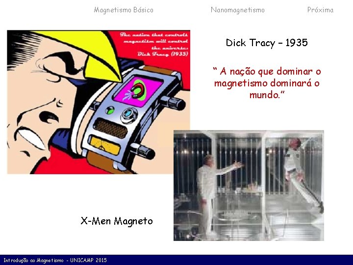 Histórico Magnetismo Básico Nanomagnetismo Próxima Dick Tracy – 1935 “ A nação que dominar