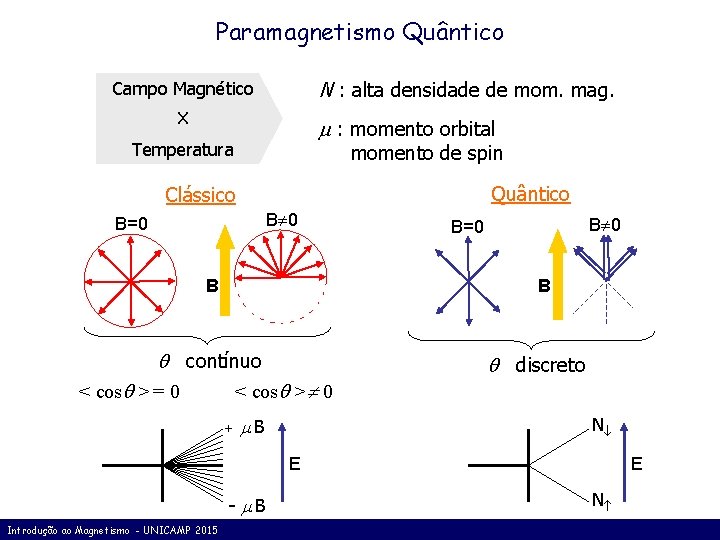 Paramagnetismo Quântico N : alta densidade de mom. mag. Campo Magnético X : momento